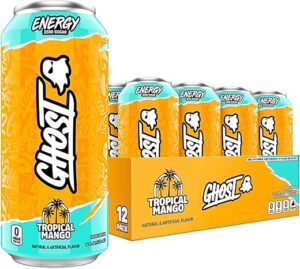 GHOST ENERGY Sugar-Free Energy Drink - 12-Pack, Tropical Mango, 16oz Cans - Energy & Focus & No Artificial Colors - 200mg of Natural Caffeine, L-Carnitine & Taurine - Soy & Gluten-Free, Vegan?