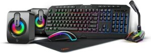 Porodo 5 in 1 Ultimate Gaming Kit with Rainbow Effect Keyboard, Speakers, 1.5m Braided Wire Microphone, Mouse and Mouse-Pad, Suitable for Computer Gaming - Black