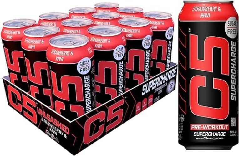 C5 Energy Drink Supercharge Strawberry & Kiwi Pre-Workout, Sugar Free,150mg Caffiene