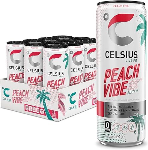 CELSIUS Sparkling Peach Vibe, Functional Essential Energy Drink 12 Fl Oz (Pack of 12)