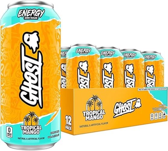 GHOST ENERGY Sugar-Free Energy Drink – 12-Pack, Tropical Mango, 16oz Cans – Energy & Focus & No Artificial Colors – 200mg of Natural Caffeine