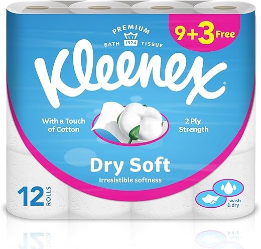 Kleenex Dry Soft Toilet Tissue Paper, Embossed Bathroom 2ply 200 Sheets 9+3 Free Rolls